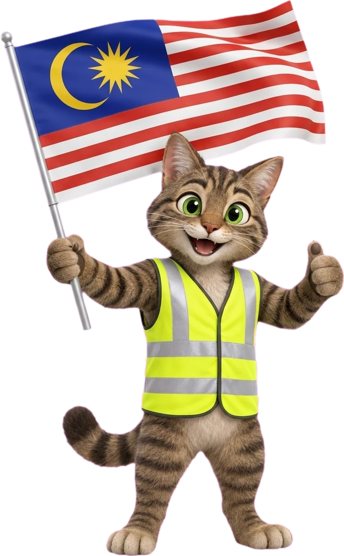 Maskot kucing HPT Malaysia memegang bendera Malaysia